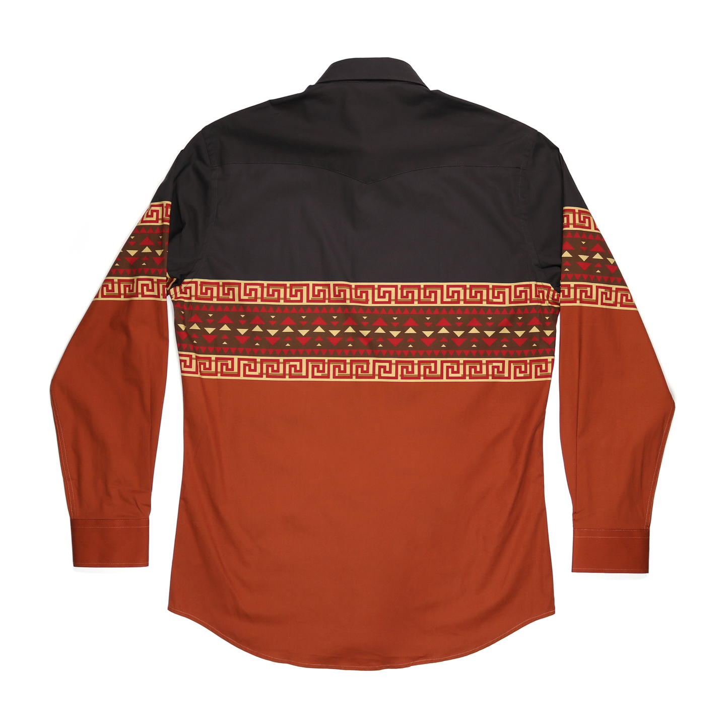 Men's Huron Brown/Rust dress shirt, 100% cotton, with a black yoke and patterned sleeves and body.