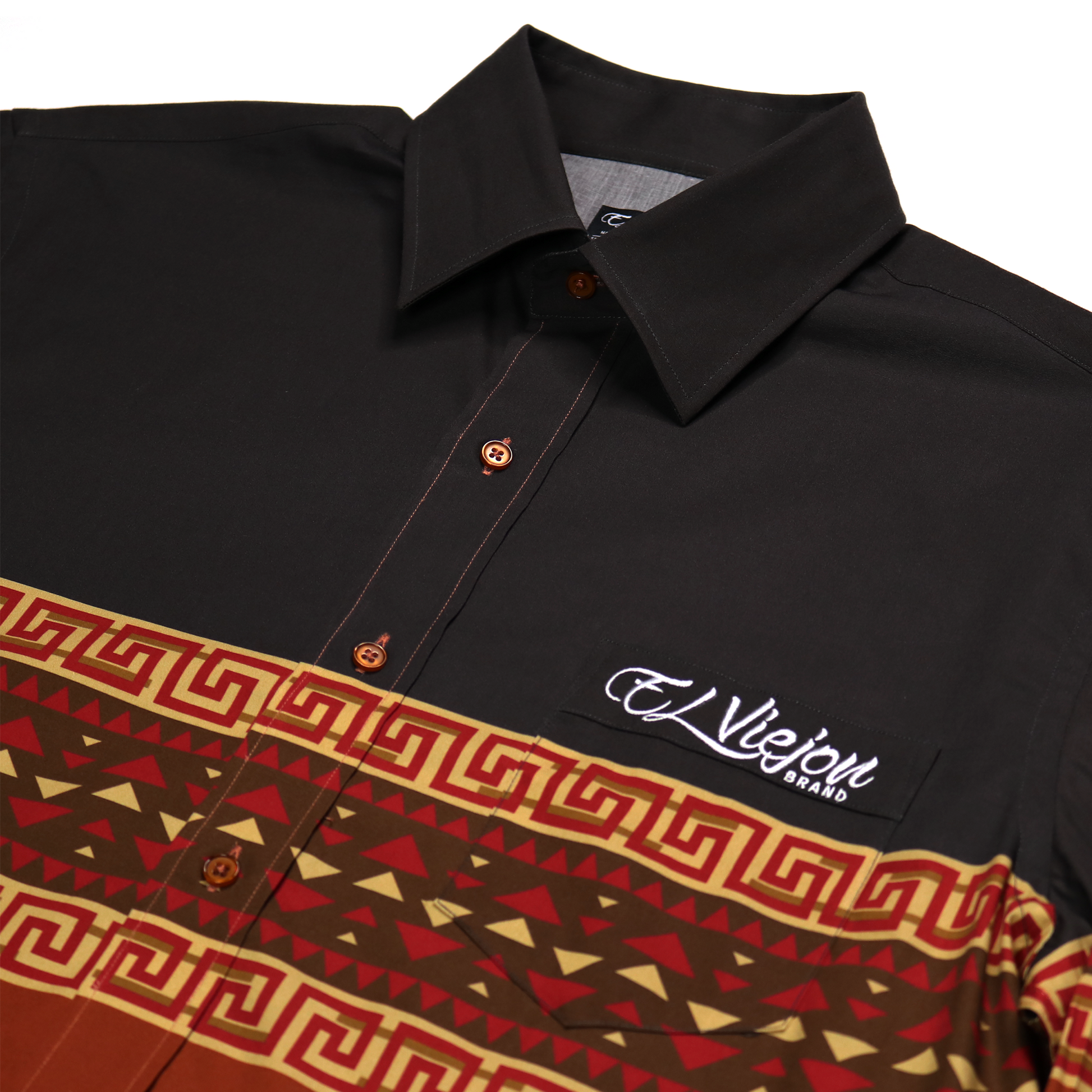 Huron Brown/Rust dress shirt with a straight collar, front pocket, and "El Viejon Brand" logo.