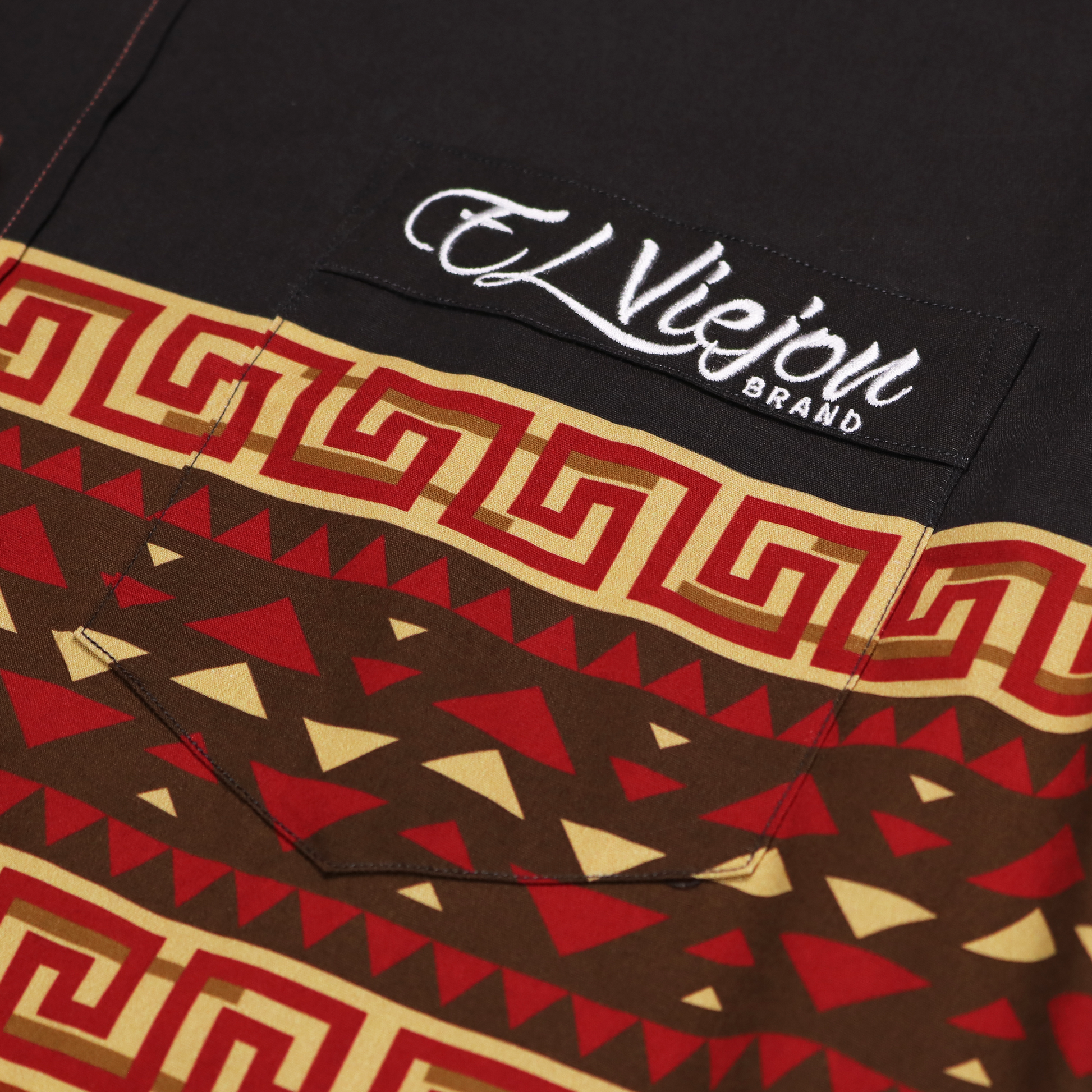 Huron Brown/Rust dress shirt with El Viejon Brand logo, front pocket, and geometric pattern.