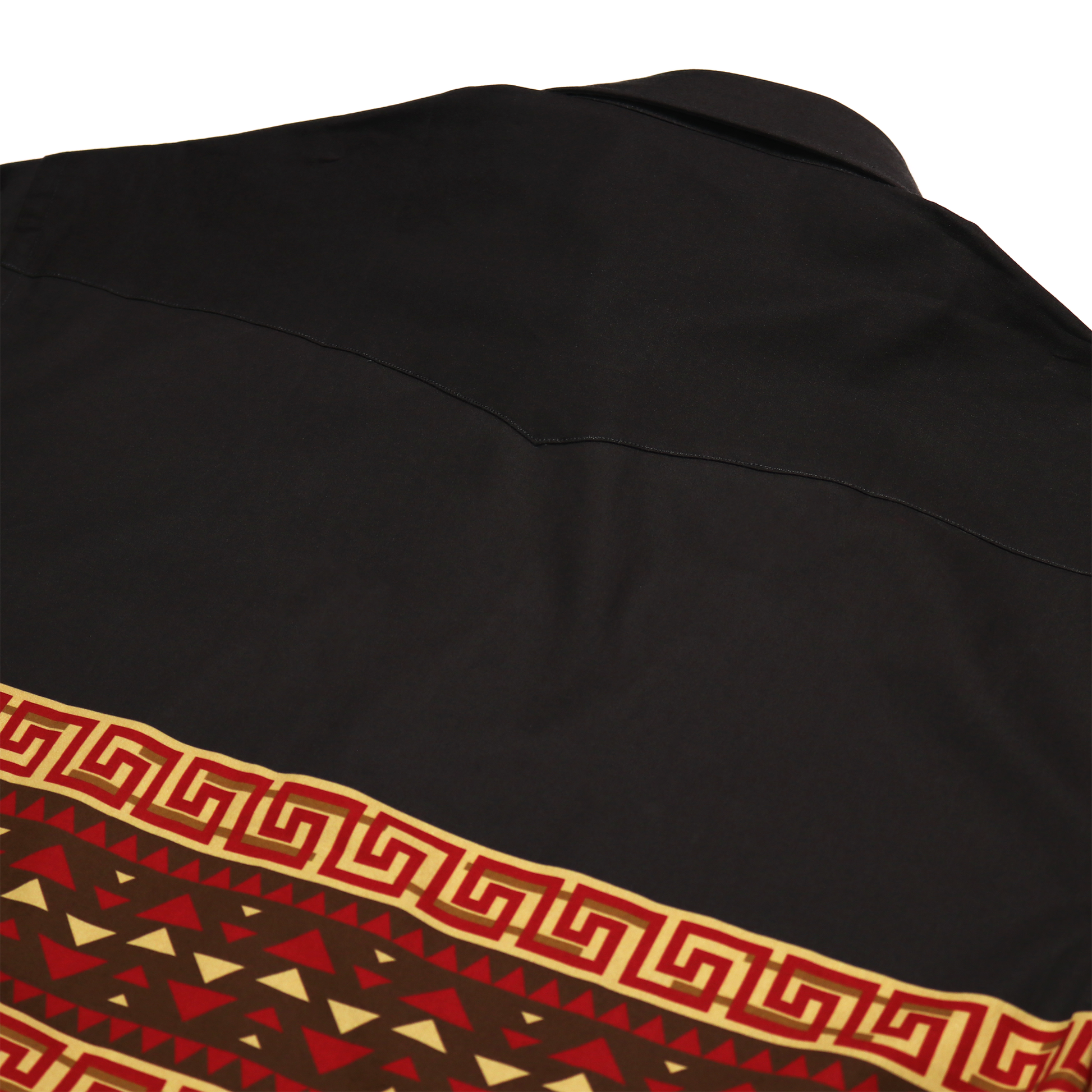 Black cotton dress shirt with a Huron Brown/Rust geometric pattern and western yoke.