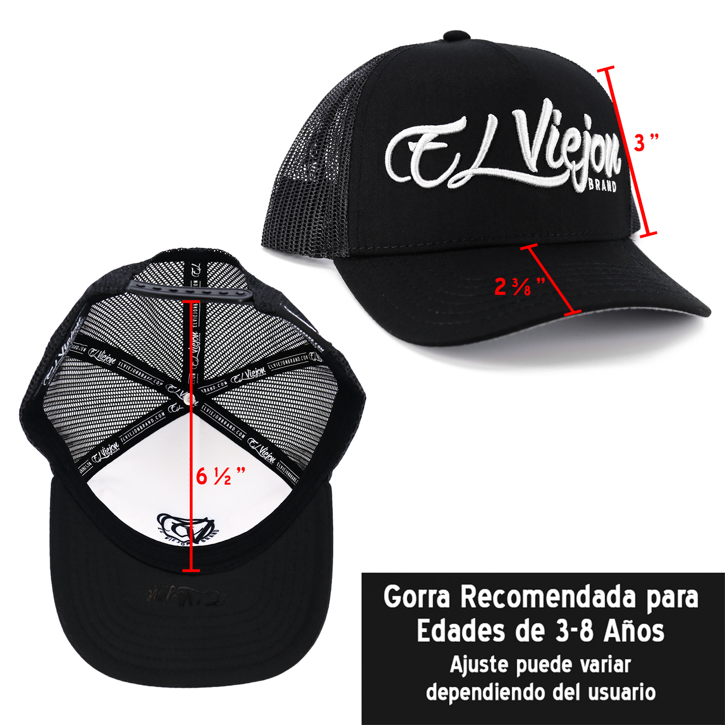 Black trucker hat with "EL Viejon BRAND" embroidered in white, curved visor, mesh back, and snapback closure.