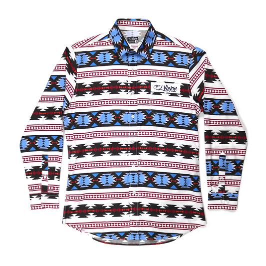 Lakota White cotton dress shirt with blue, red, and black geometric pattern, front pocket, and El Viejon logo.
