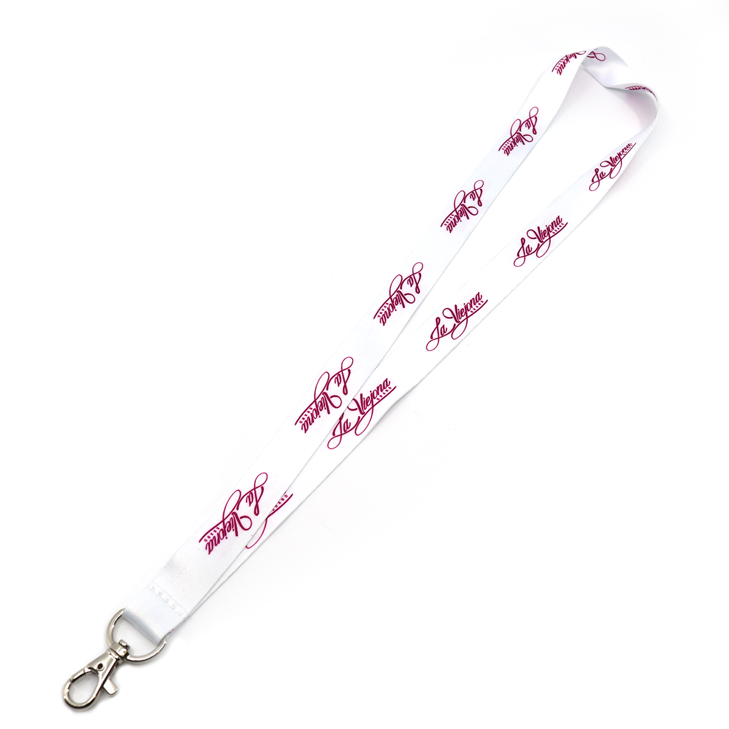 White La Viejona brand lanyard with repeating pink logo and silver metal swivel hook.