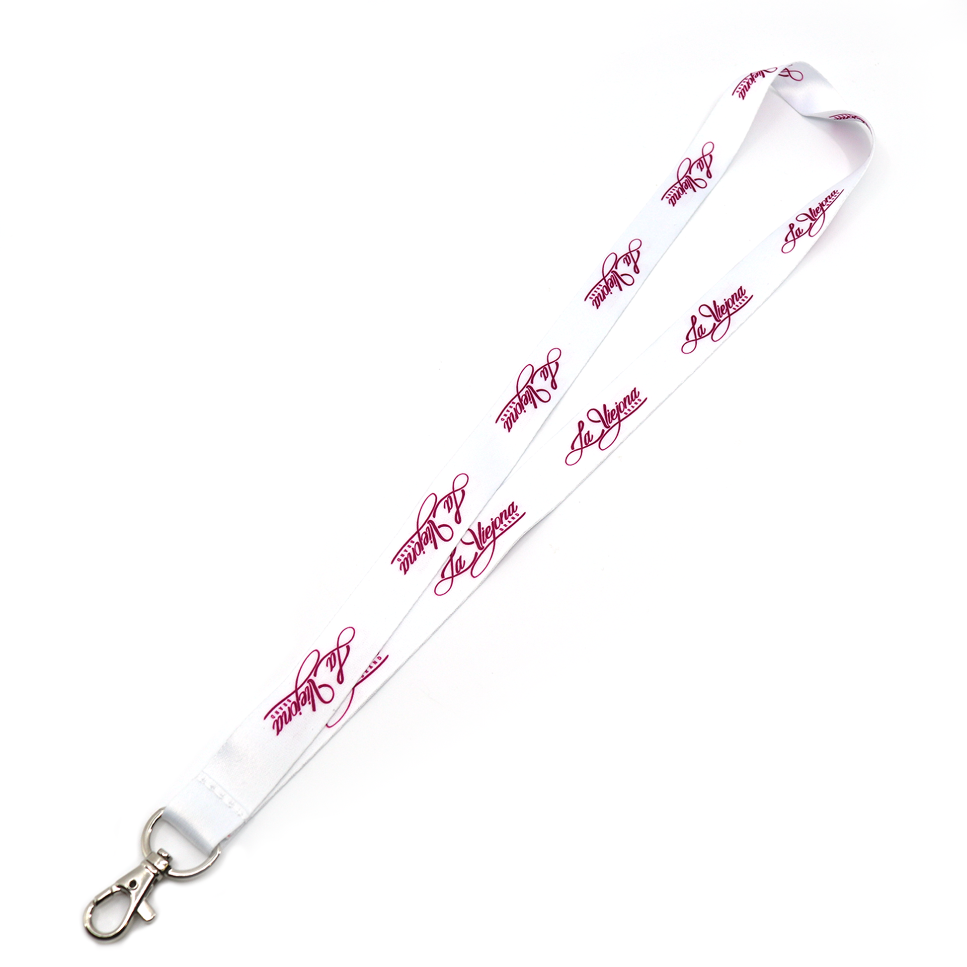 White La Viejona brand lanyard with repeating pink logo and silver metal swivel hook.