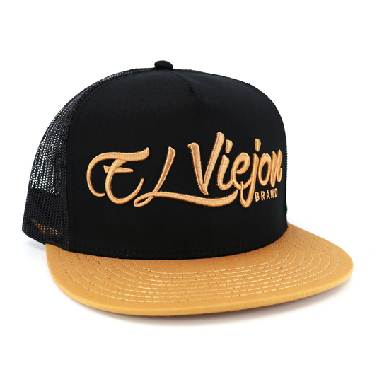 La Original Camel/Black flat visor hat with "El Viejon Brand" embroidered in gold.