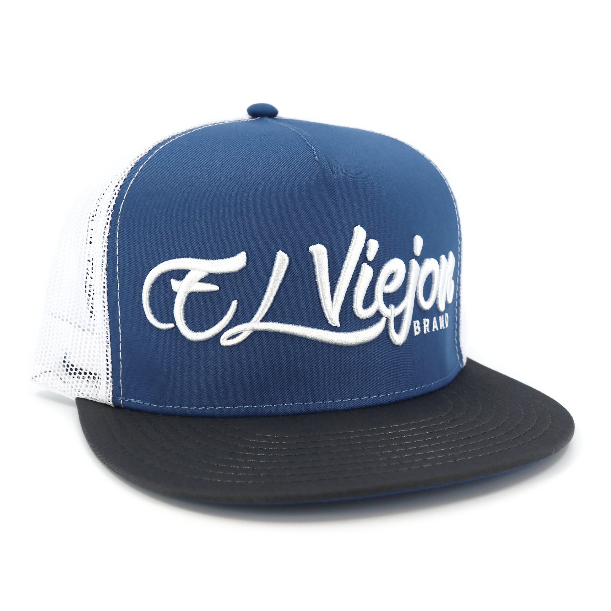 La Original charcoal/indigo/white flat visor hat with "El Viejon Brand" embroidered logo and white mesh back.