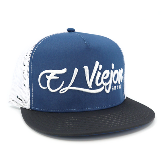 La Original charcoal/indigo/white flat visor hat with "El Viejon Brand" embroidered logo and white mesh back.