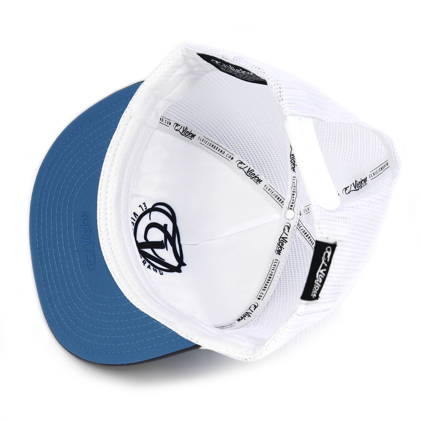 La Original flat visor hat, charcoal/indigo/white mesh, adjustable snapback, high profile.