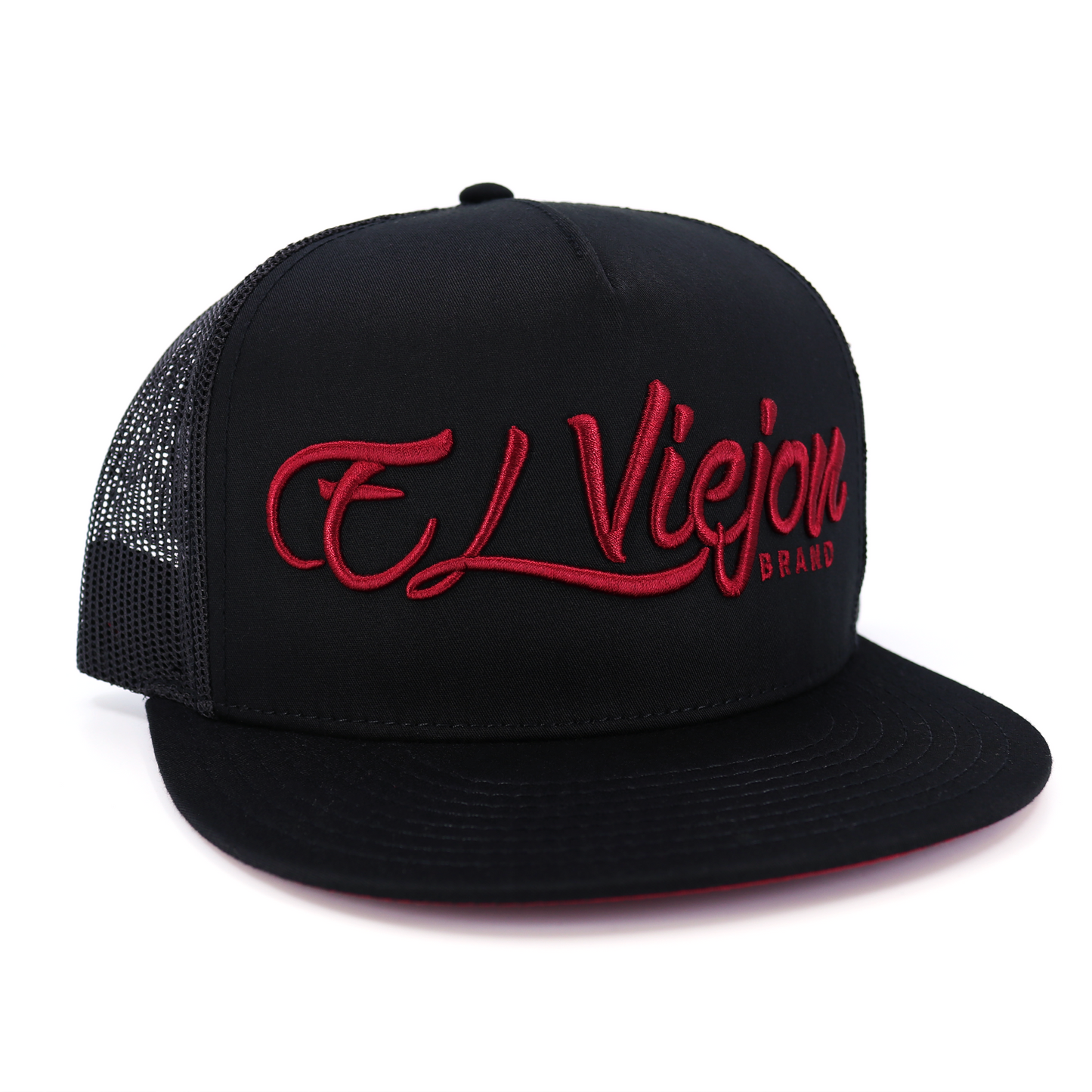 Gorranegra La Original El Viejon Brand con malla negra, visera plana y bordado rojo.
