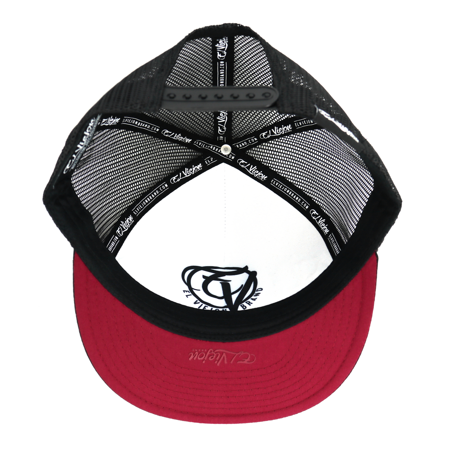 La Original Black flat visor hat with black mesh, red underside, and adjustable snapback.