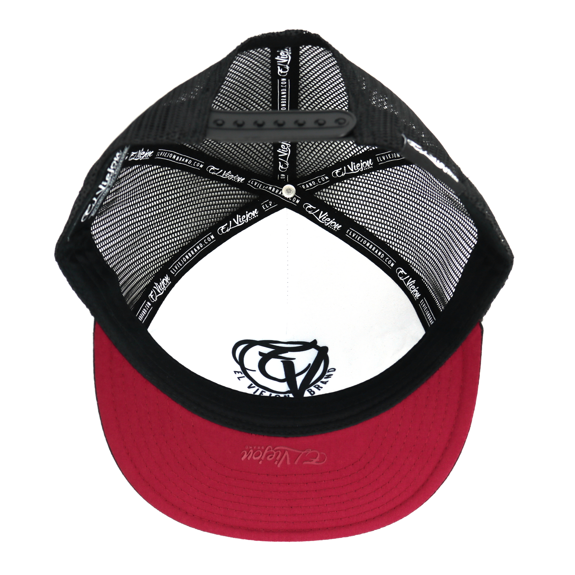 La Original Black flat visor hat with black mesh, red underside, and adjustable snapback.
