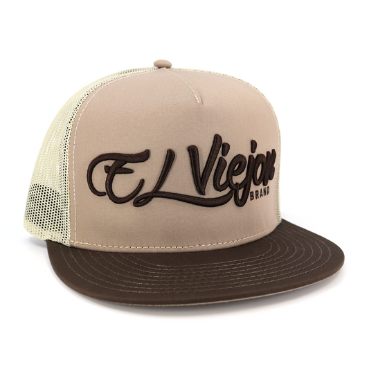 Gorra La Original™ cafe/mocha con visera plana, malla beige, y bordado "El Viejon Brand".