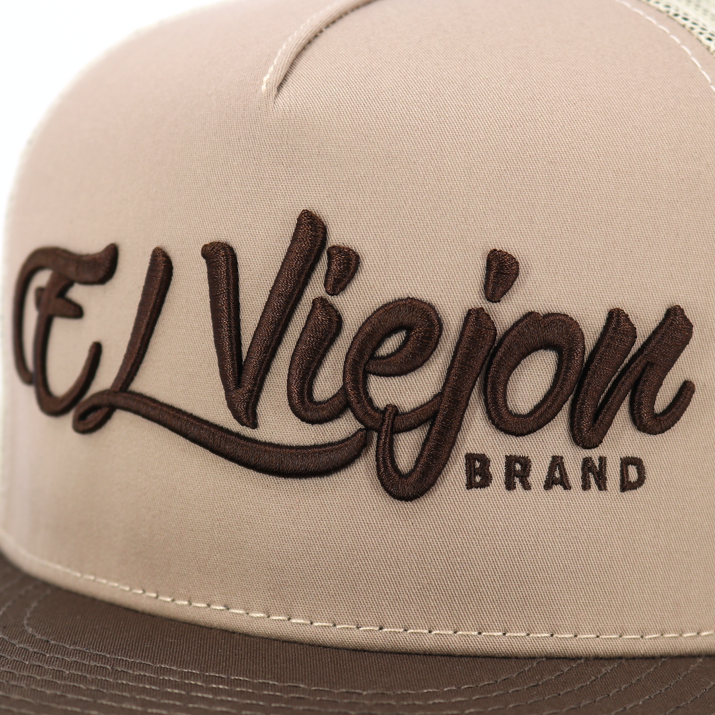 La Original Brown/Mocha flat visor hat with "El Viejon Brand" embroidered in dark brown.