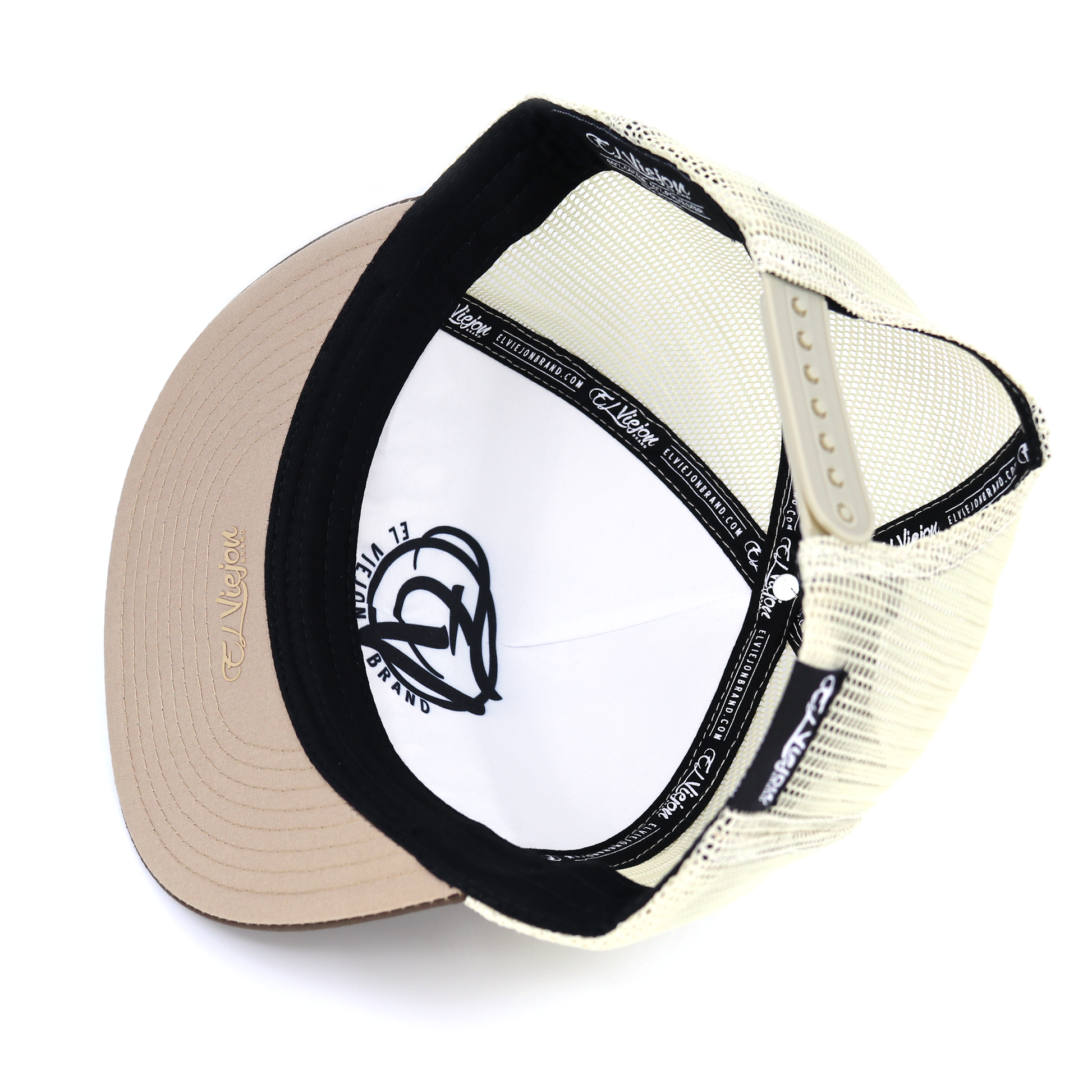 La Original brown/mocha flat visor hat with tan mesh back, adjustable snapback, and "El Viejon Brand" logo.
