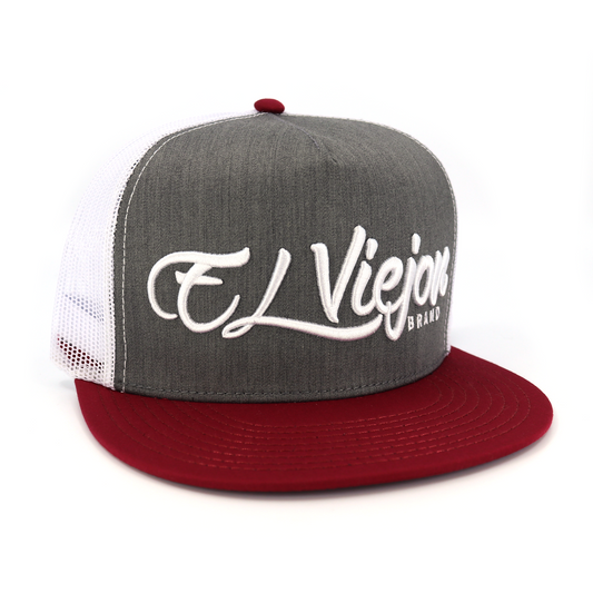 La Original flat visor hat: maroon brim, heather gray front with "El Viejon Brand" embroidery, white mesh back.
