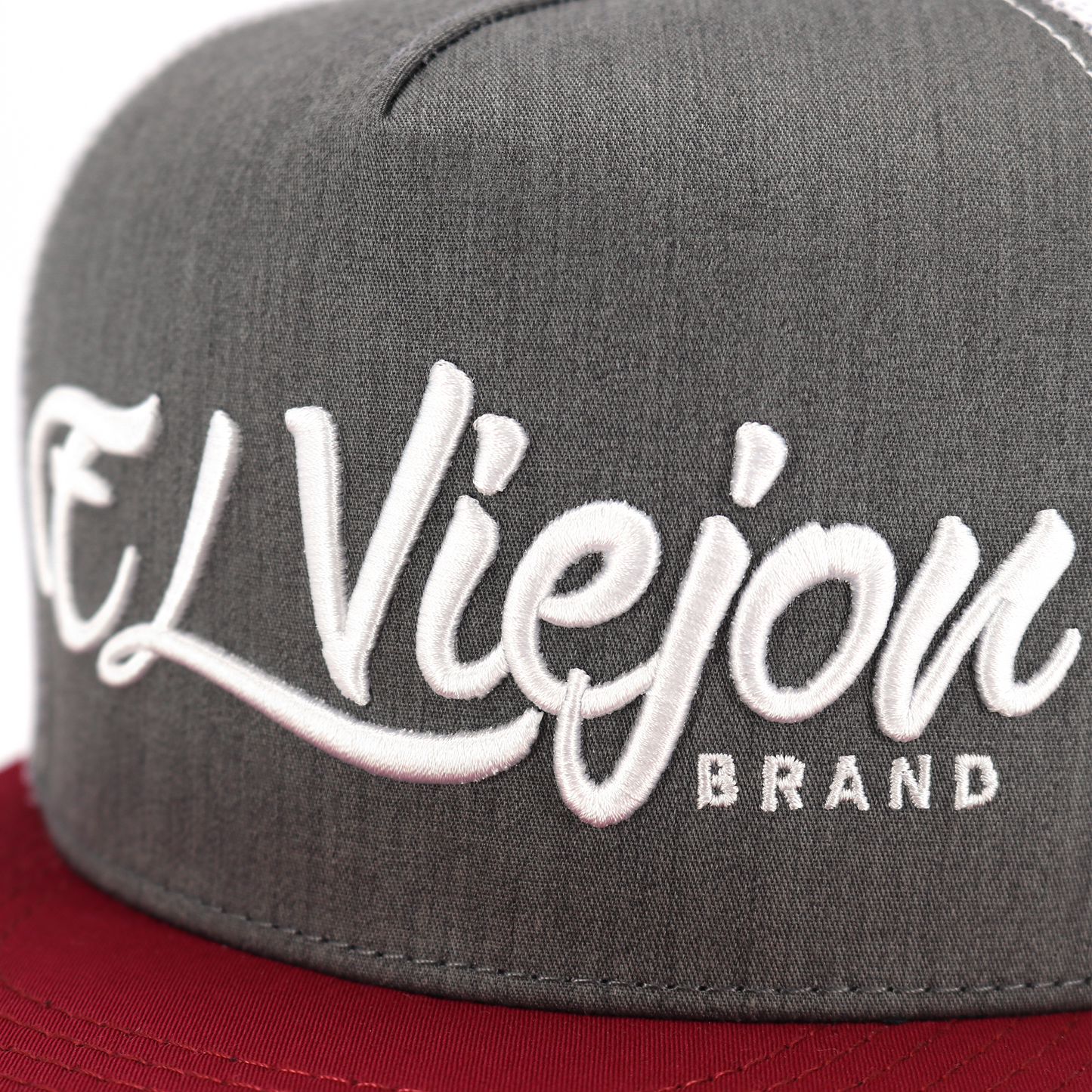 La Original Maroon/Heather/White flat visor hat with white embroidered "El Viejon Brand" logo.