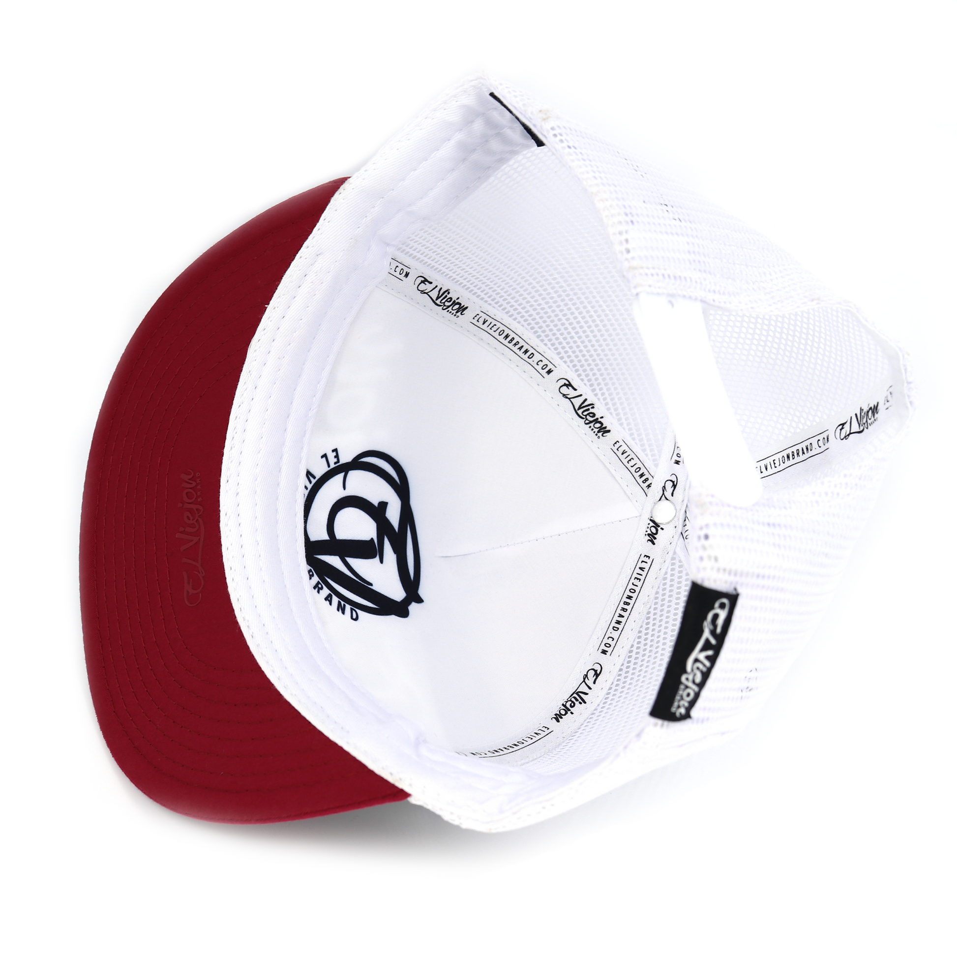 La Original maroon flat visor hat with white mesh back, adjustable snapback, and interior branding.