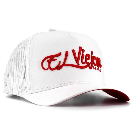 La Original White AVC hat with red "El Viejon Brand" embroidery, white mesh, and pre-curved visor.