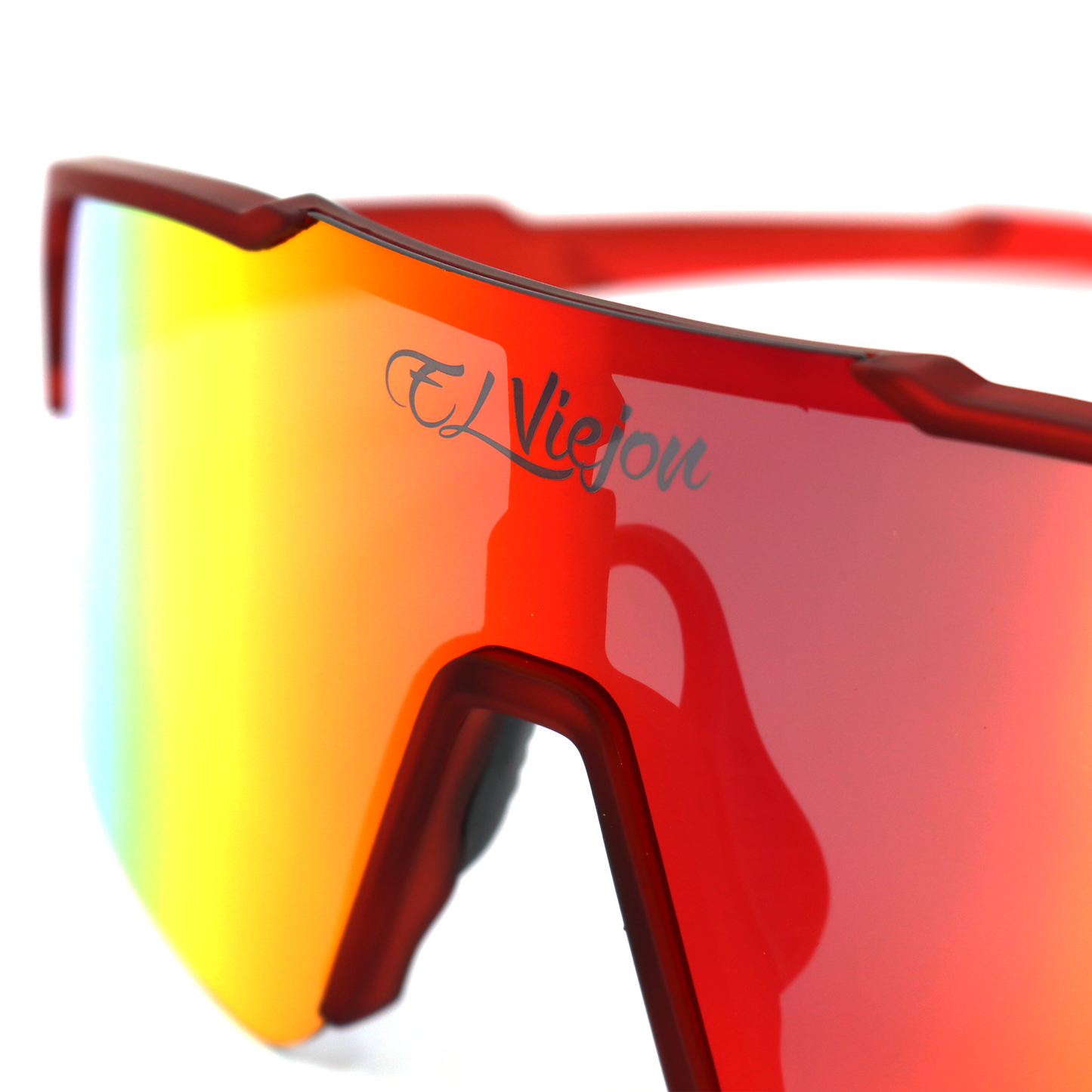 Magna sport sunglasses with red TR frame, color-changing mirrored lens, and El Viejon Brand logo.