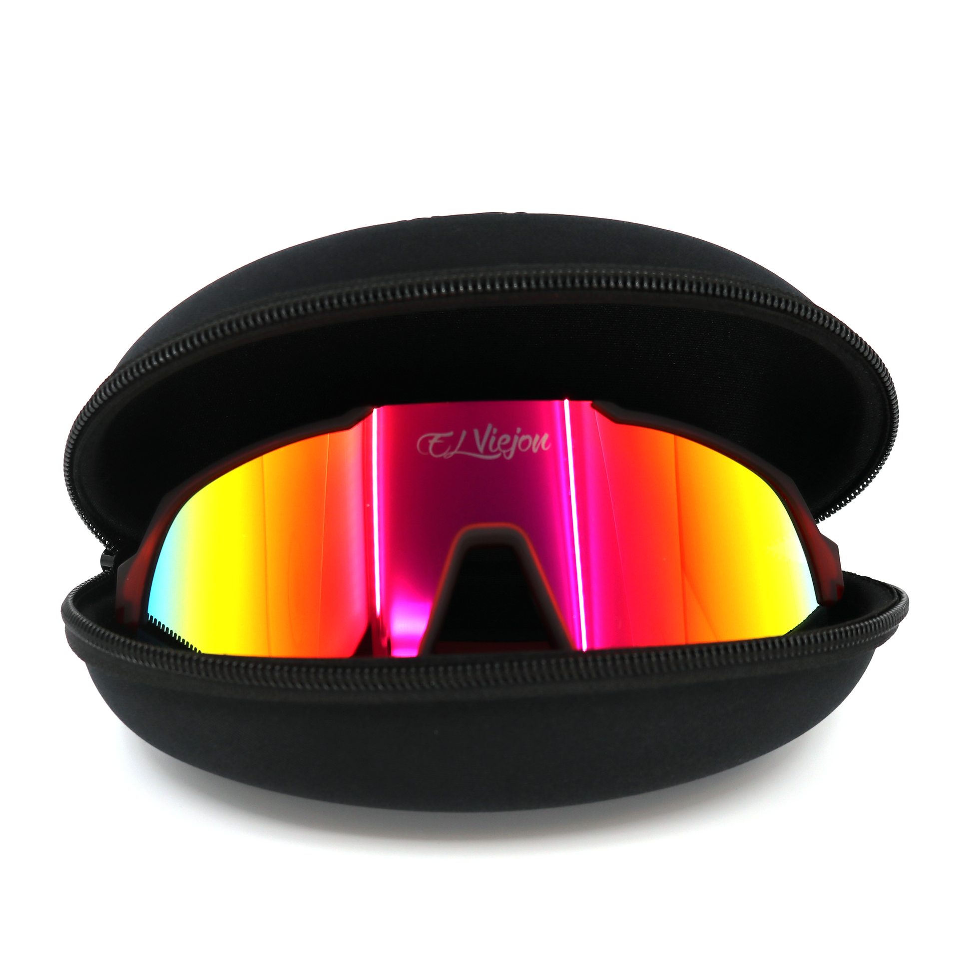 El Viejon Magna sport sunglasses with red-orange color-changing lenses in an open black hard-shell case.