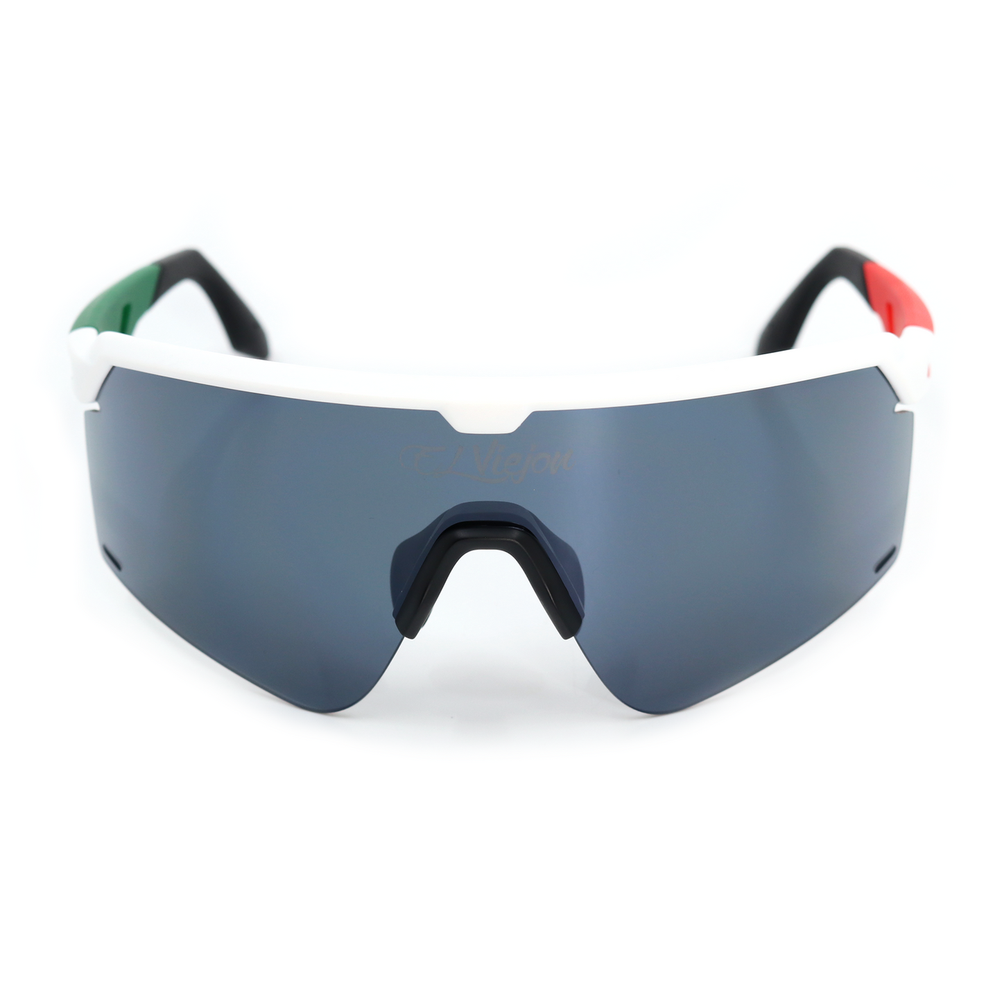 White TR frame sport sunglasses with dark lenses, green and red temple accents, and El Viejon logo.