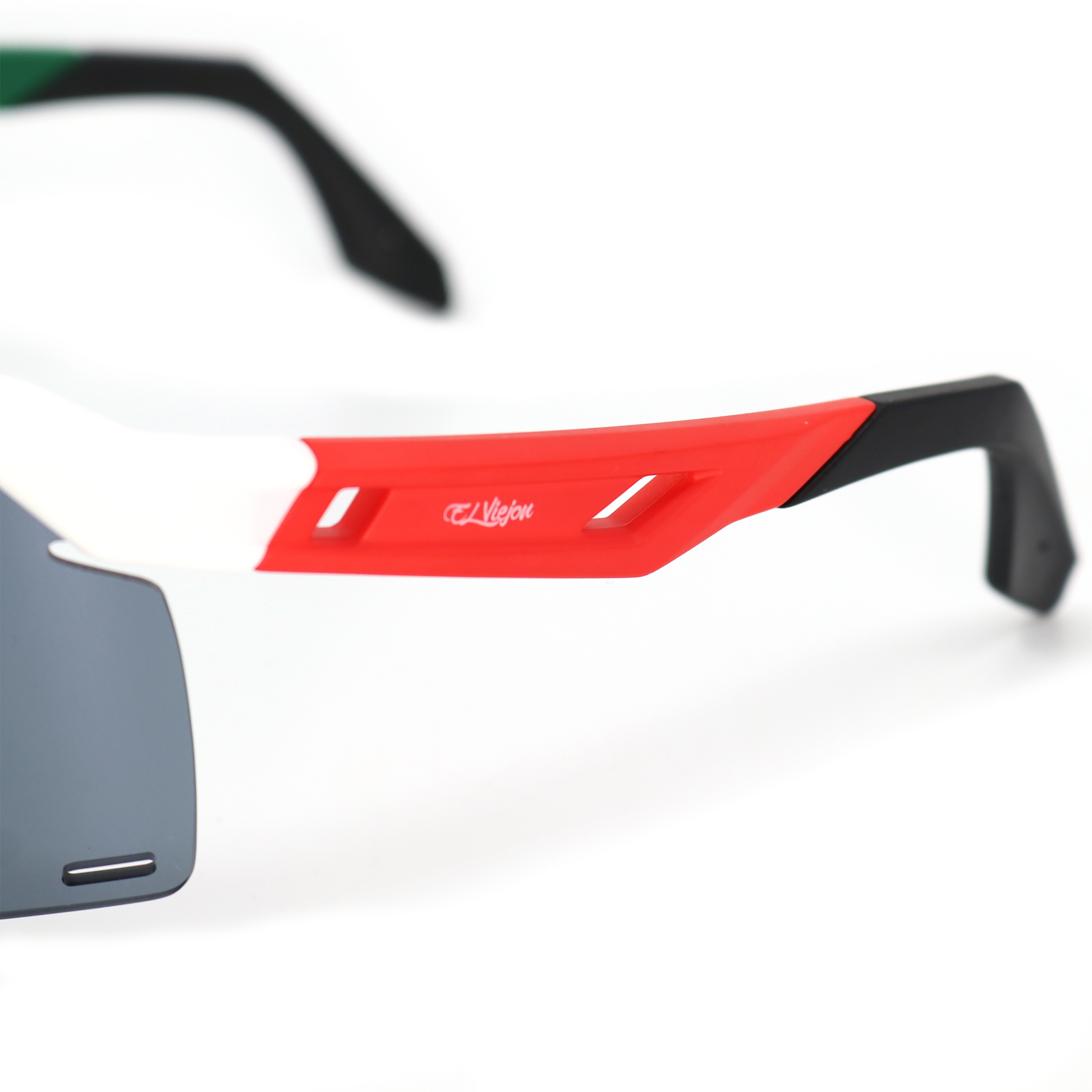 White, red, and black El Viejon Brand sport sunglasses with dark lenses and a TR frame.