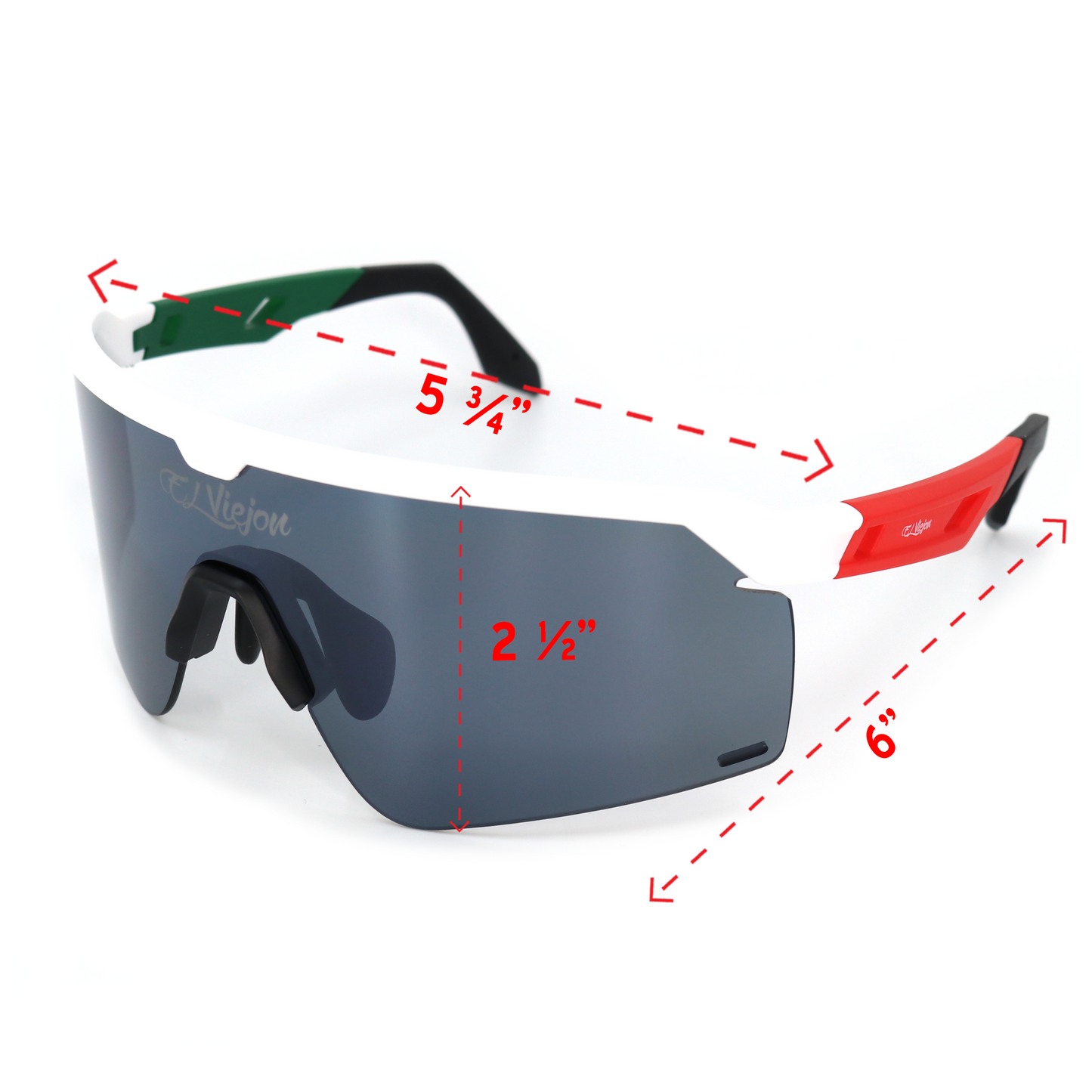 White TR frame sport sunglasses with dark lens, red and green accents, and El Viejon logo.