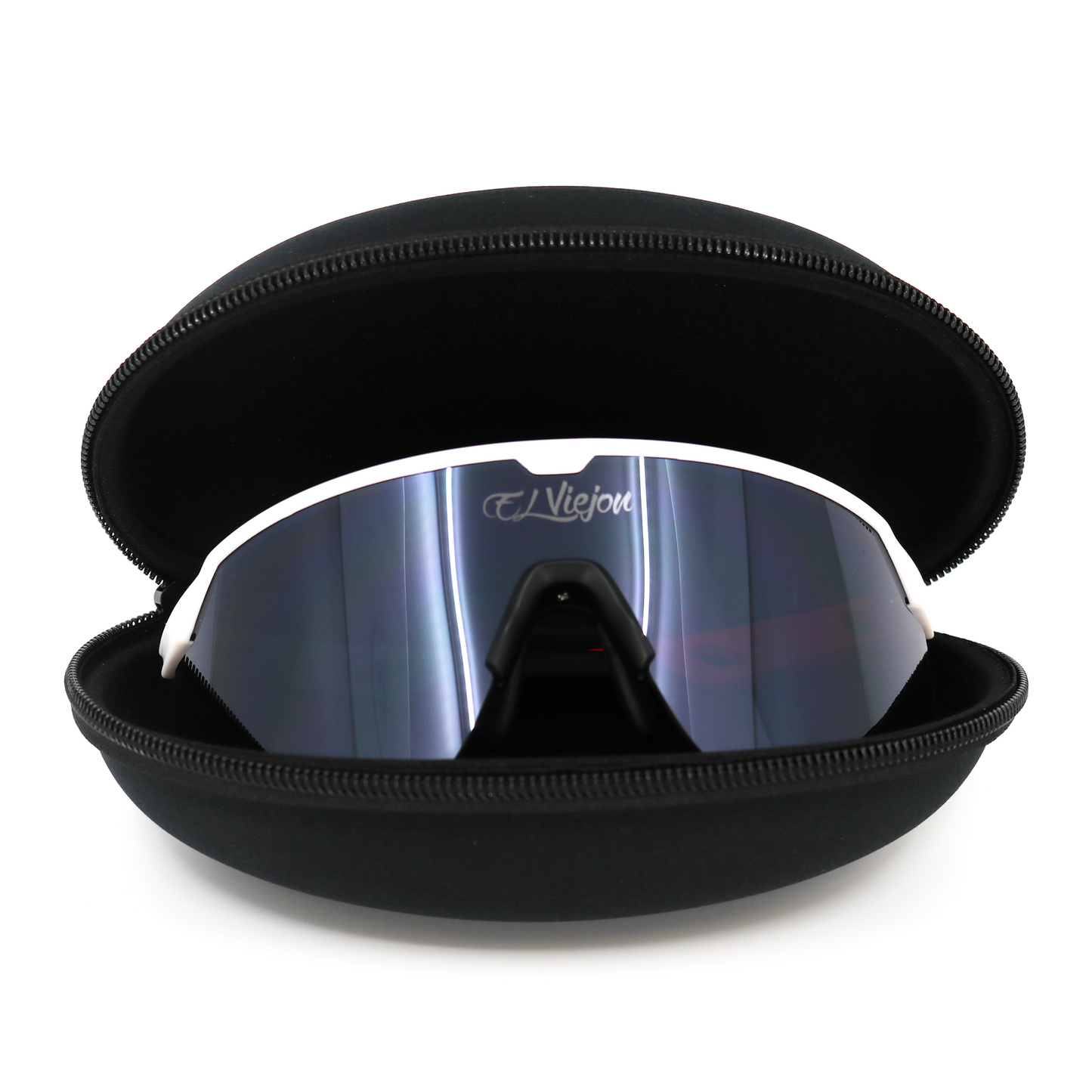 White El Viejon Brand sport sunglasses with dark mirrored lenses in an open black hard-shell case.
