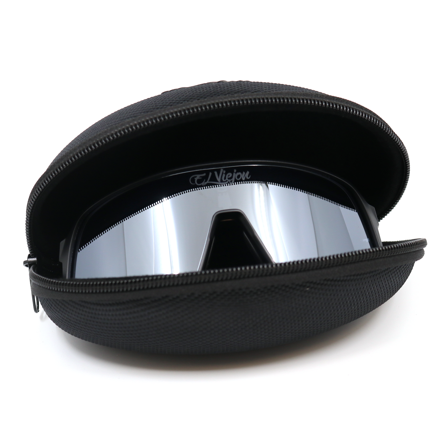 Midnight sport sunglasses with polarized silver lenses and El Viejon logo, in a black hard-shell case.