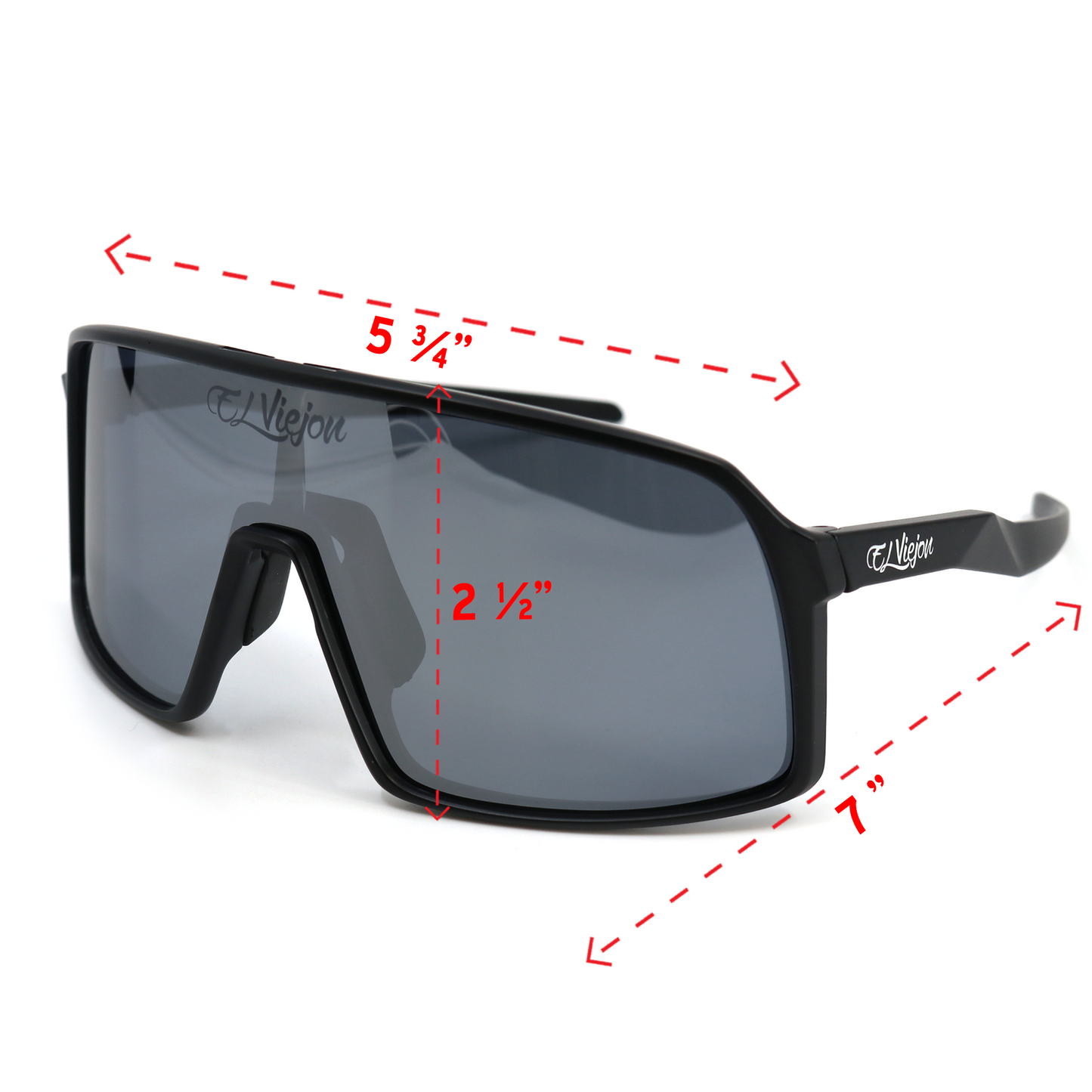 Black El Viejon Midnight sport sunglasses with polarized lenses and adjustable nose-pad, showing dimensions.