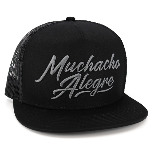 Muchacho Alegre black flat visor hat with charcoal embroidered logo and mesh back.