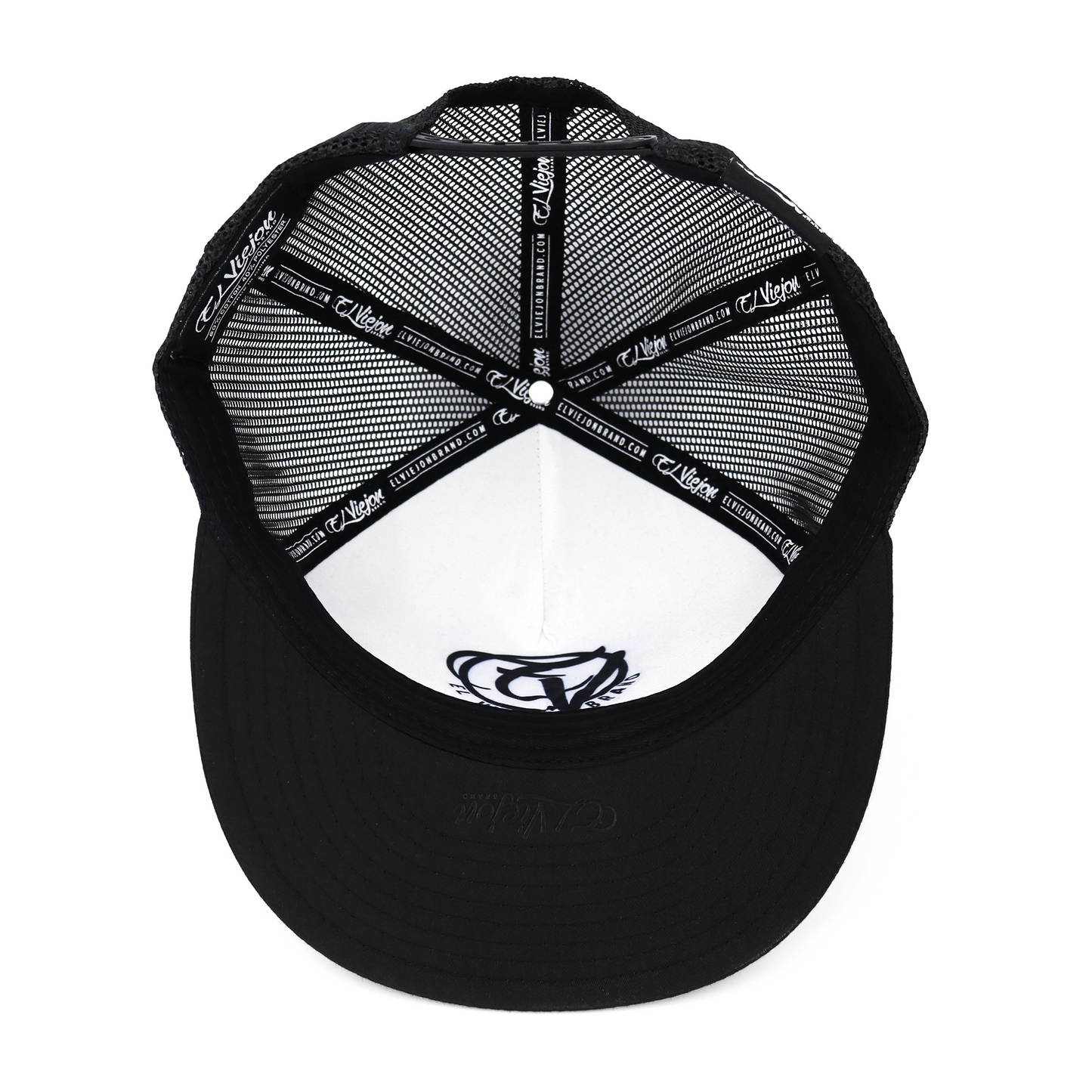 Cabron Y Vago Black/White/Black flat visor hat with mesh back and adjustable snapback.