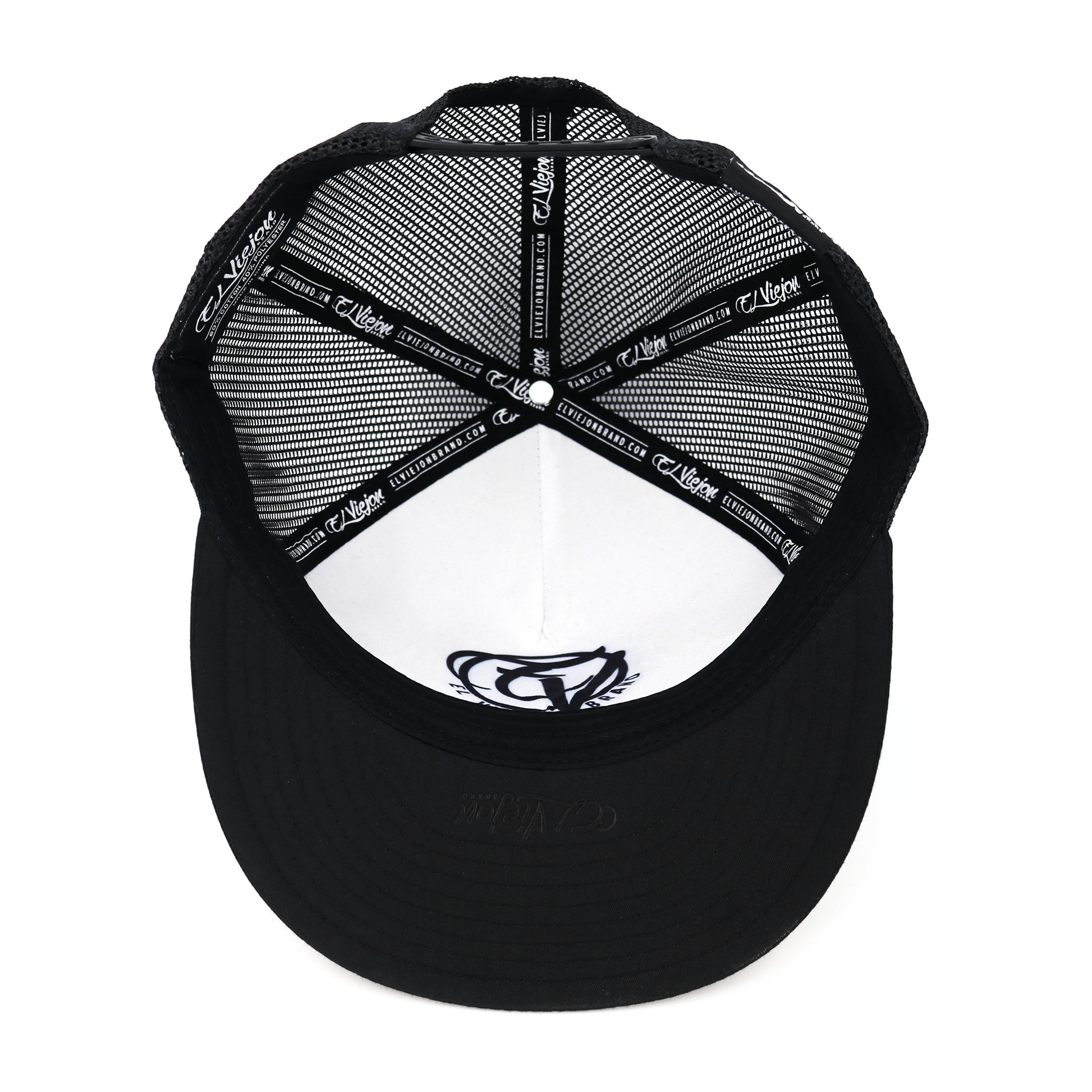 Cabron Y Vago Black/White/Black flat visor hat with mesh back and adjustable snapback.