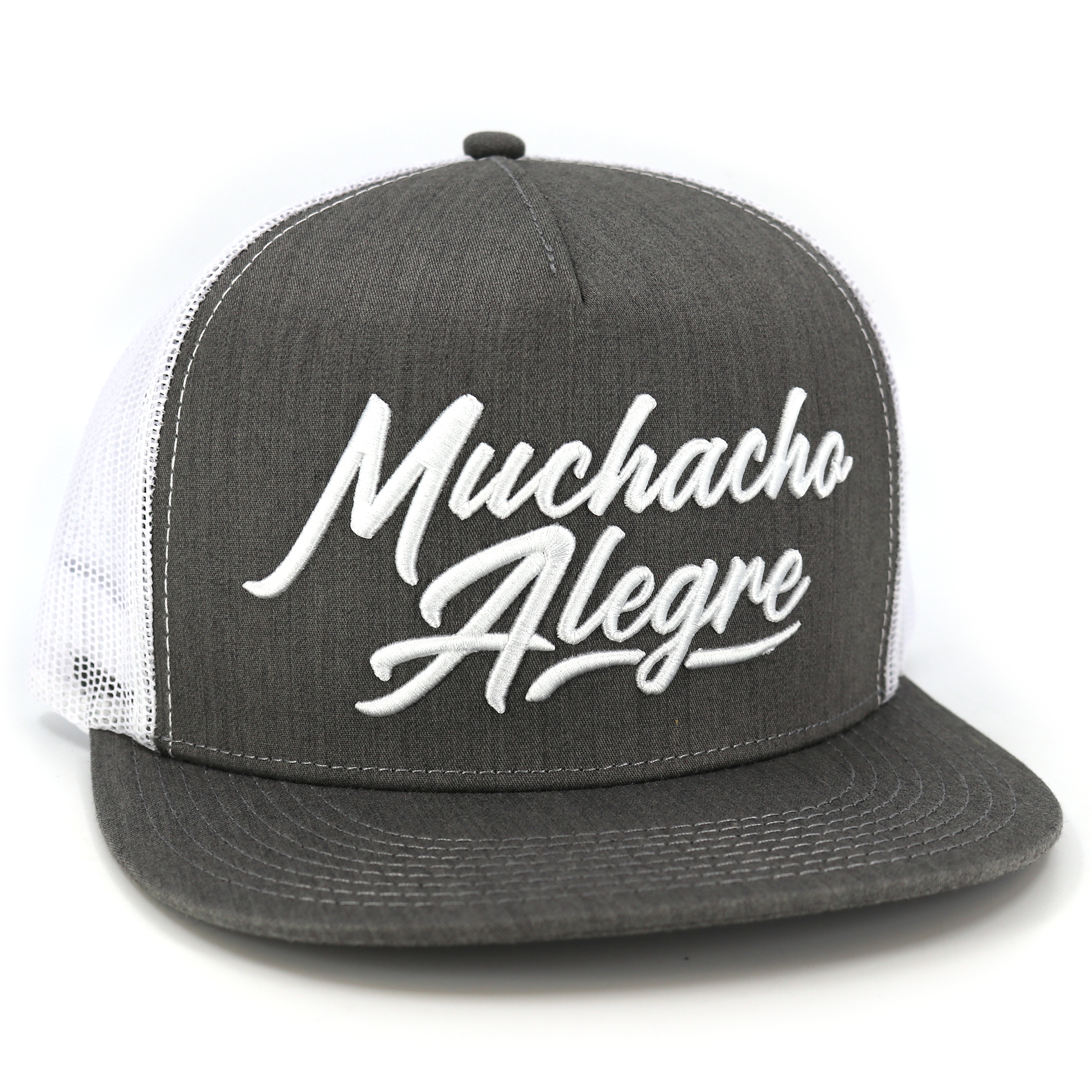 Muchacho Alegre heather/white flat visor hat with white embroidered script logo.