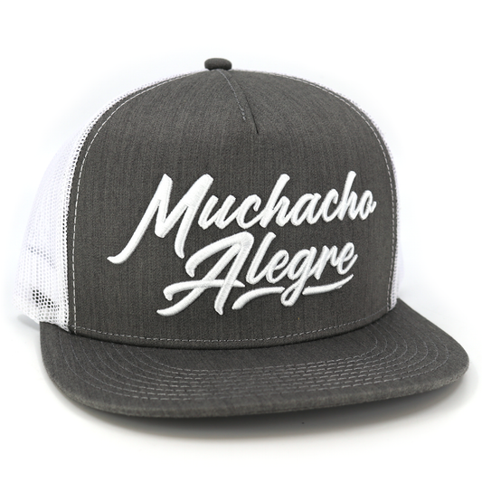 Muchacho Alegre heather/white flat visor hat with white embroidered script logo.