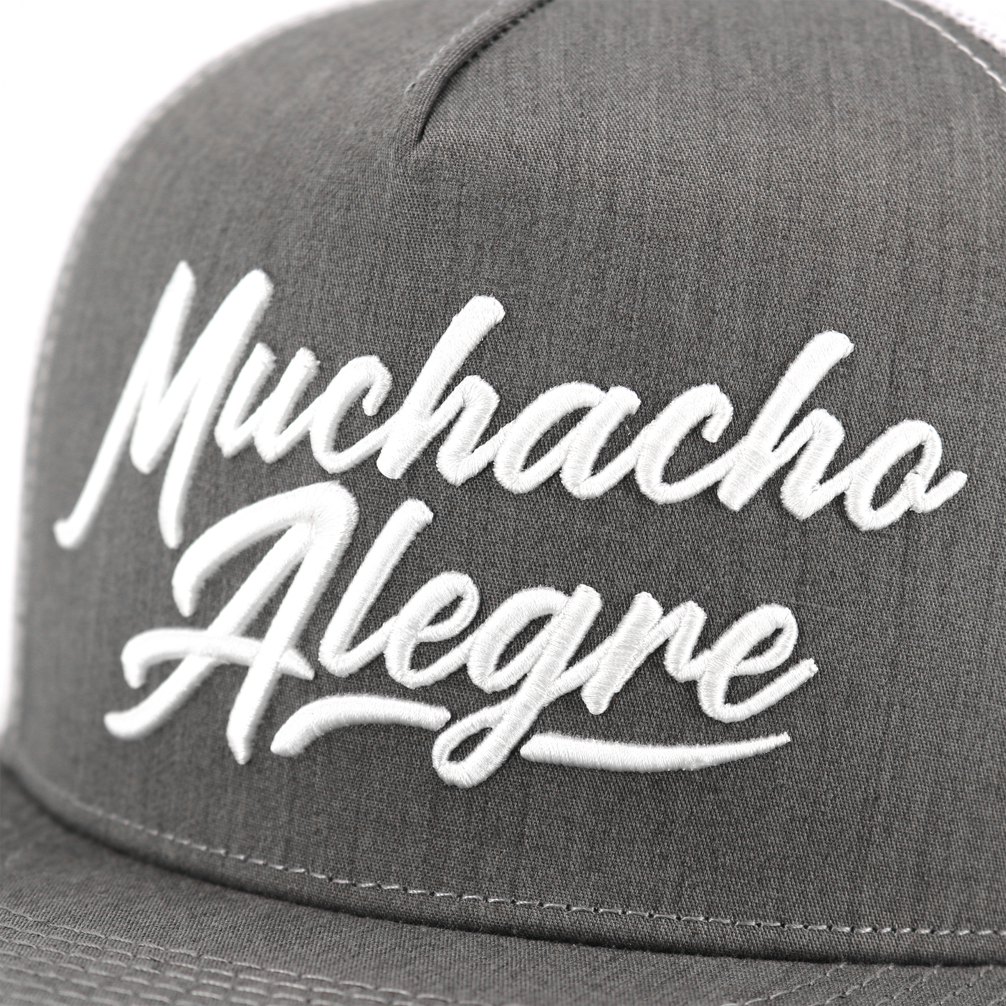 Muchacho Alegre heather/white flat visor hat with white embroidered script logo.