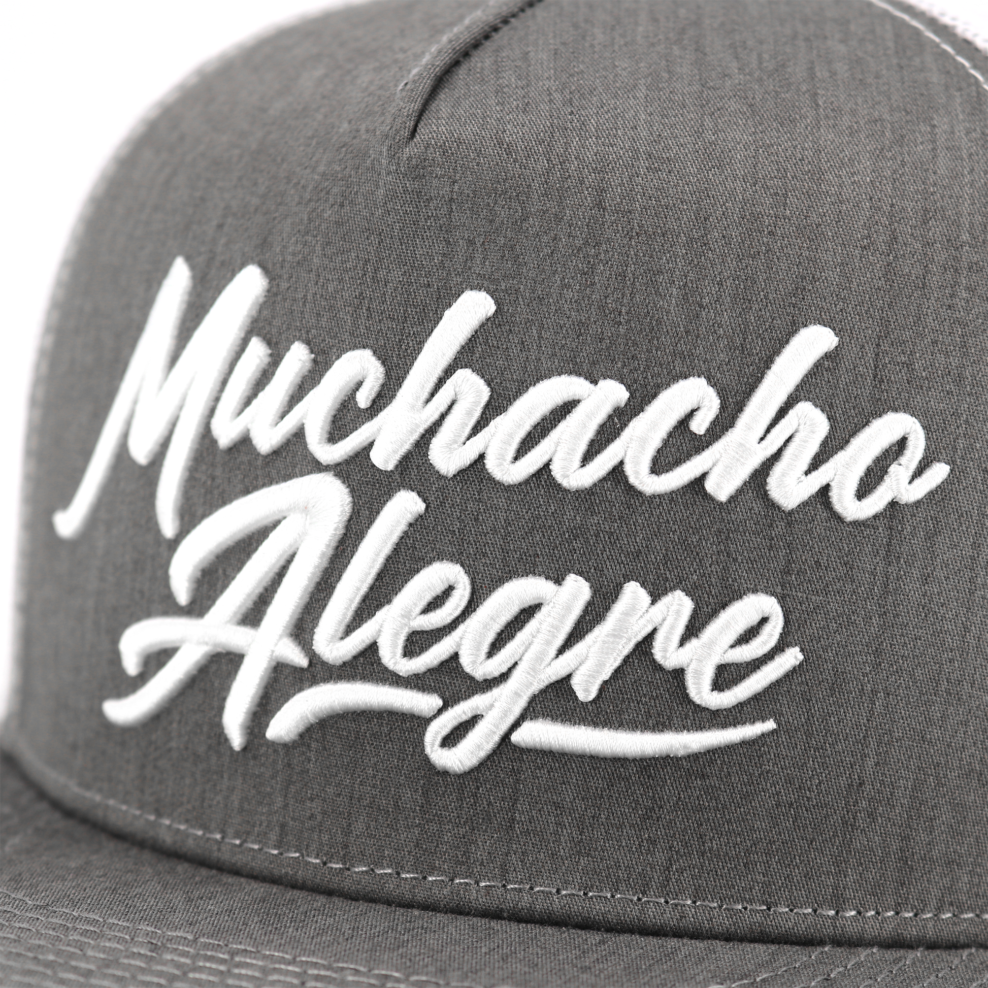 Muchacho Alegre heather/white flat visor hat with white embroidered script logo.