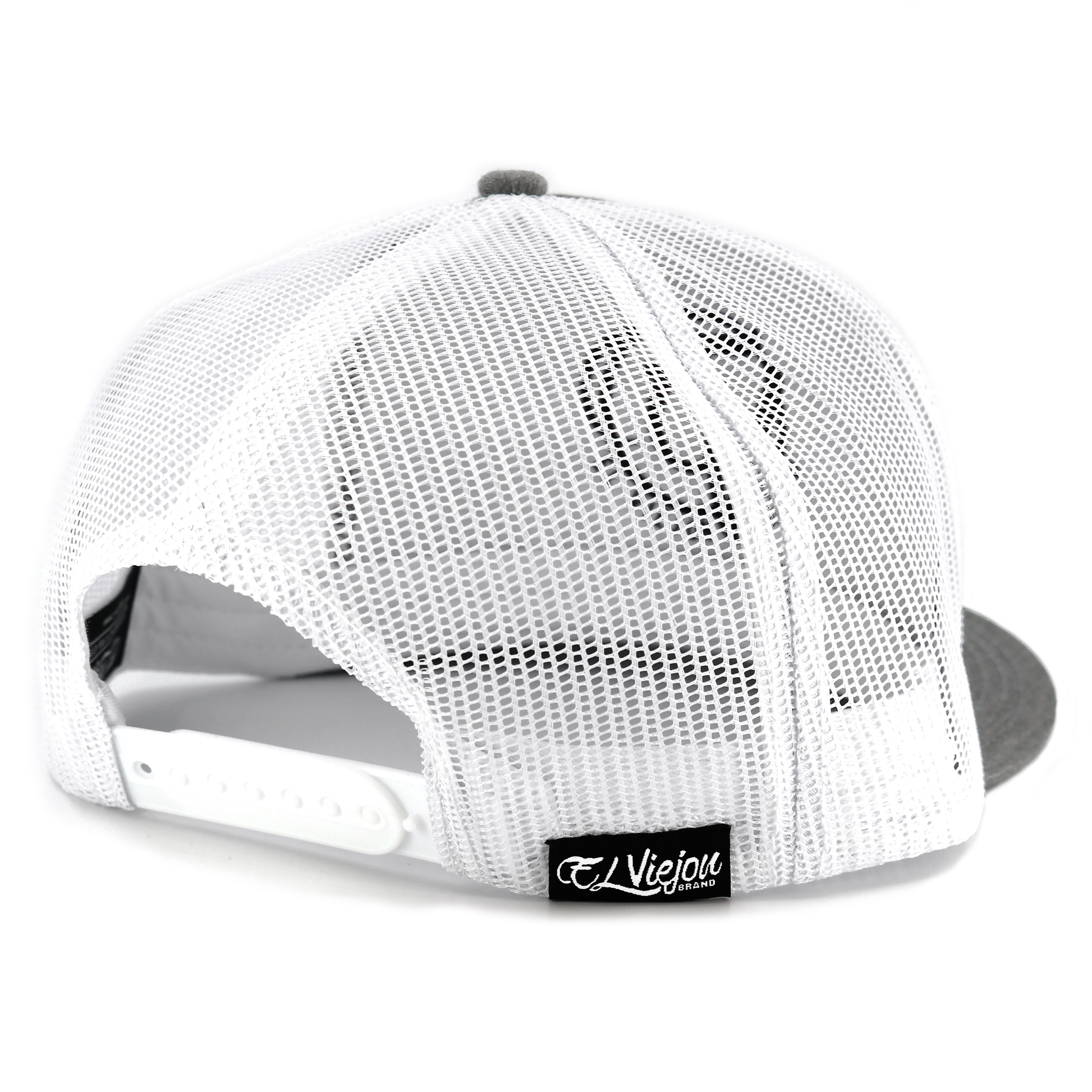 Muchacho Alegre heather/white flat visor hat with white mesh back and adjustable snapback.