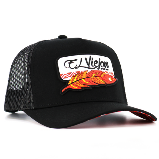 Nativo Black AVC hat with mesh back, "El Viejon Brand" patch, and colorful feather design.