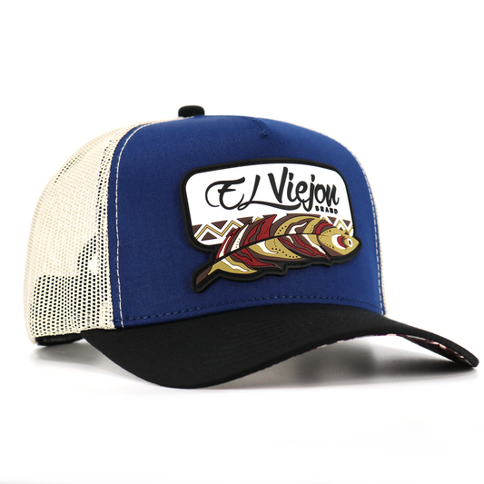 Nativo Black/Blue/Cream AVC hat with "El Viejon Brand" feather logo, blue front, cream mesh, black brim.