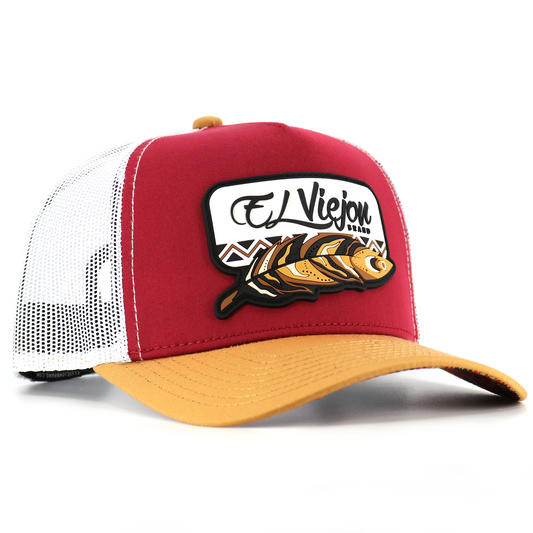 Nativo Tan/Red/White AVC hat with "El Viejon" logo, fish design, and white mesh back.