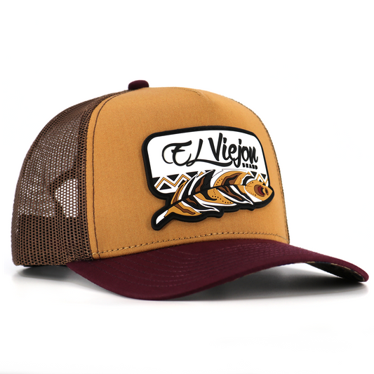 Nativo Maroon/Camel/Brown AVC hat with "El Viejon Brand" tiger patch, brown mesh, and maroon visor.