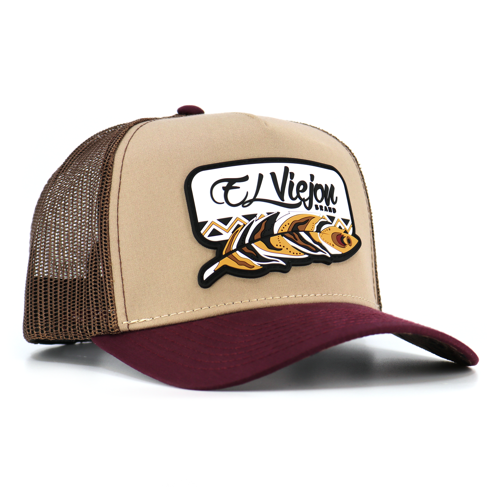 Nativo Plum/Khaki/Brown AVC hat with "El Viejon Brand" patch and fish graphic, brown mesh, and pre-curved visor.