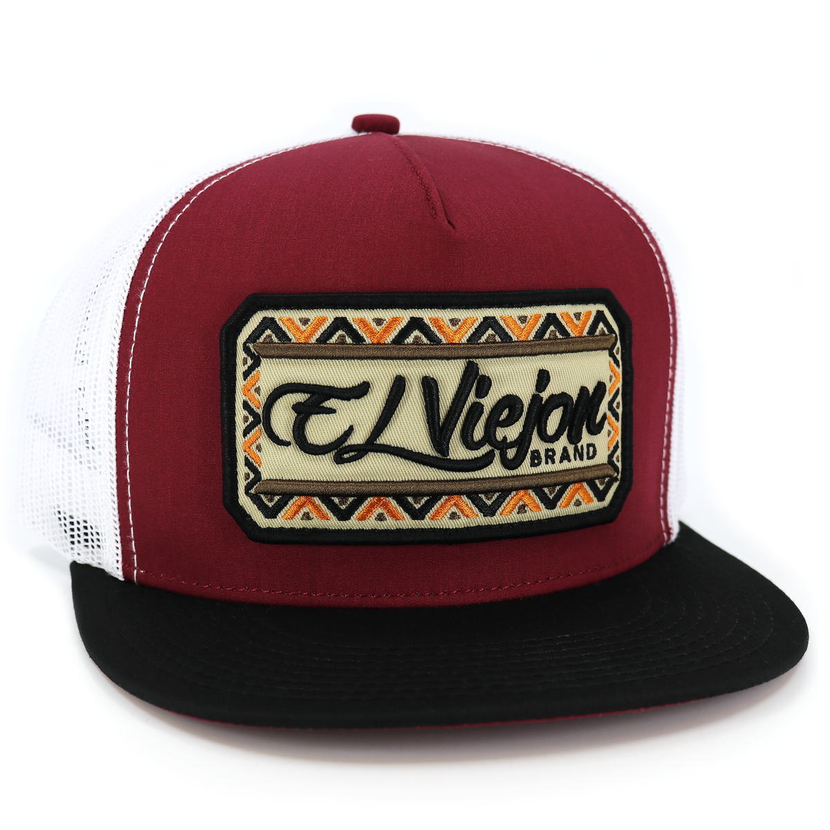 Nayarit Black/Maroon/White flat visor hat with "El Viejon Brand" embroidered patch.