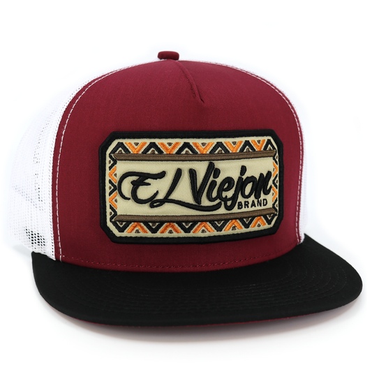 Nayarit Black/Maroon/White flat visor hat with "El Viejon Brand" embroidered patch.