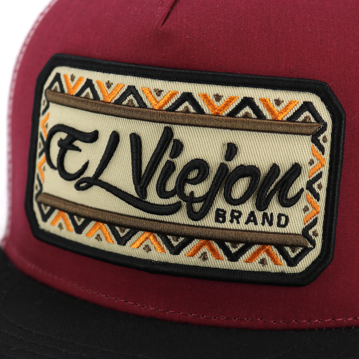 Nayarit Black/Maroon/White flat visor hat with "El Viejon Brand" embroidered patch.