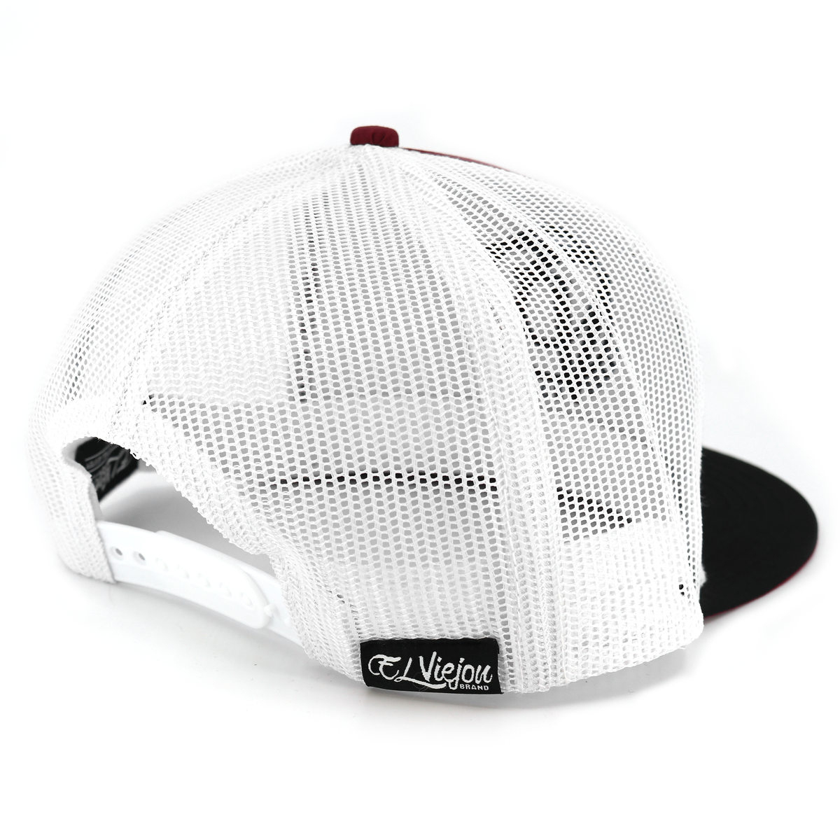 Nayarit Black/Maroon/White flat visor hat with white mesh back and adjustable snapback.