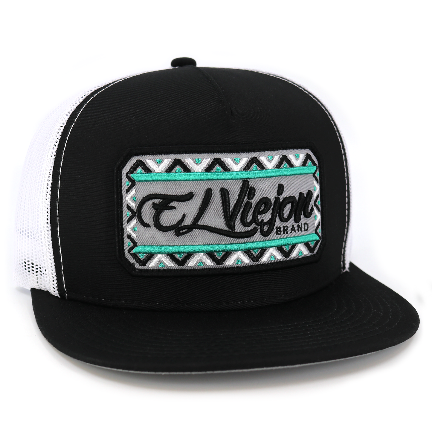 Nayarit Black/White flat visor hat with "El Viejon Brand" patch and tribal pattern.