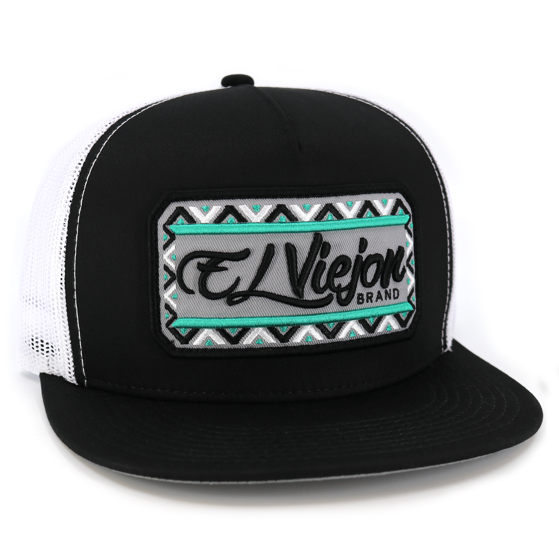 Nayarit Black/White flat visor hat with "El Viejon Brand" patch and tribal pattern.