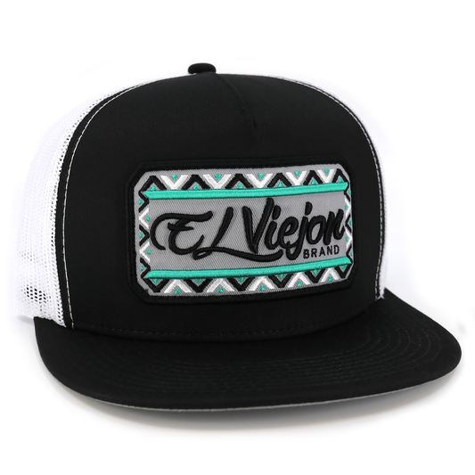 Nayarit Black/White flat visor hat with "El Viejon Brand" patch and tribal pattern.